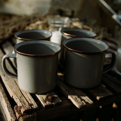 Slate Gray Enamel Coffee Mugs with Stainless Steel Rim, Set of 2