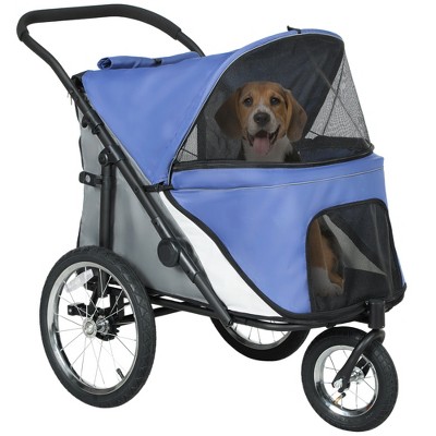PawHut Dog Stroller, 3 Wheels Pet Stroller w/ One-Hand Fold, Rubber Wheels, Storage Bag, Soft Cushion, Safety Leash, for S & M Dogs, Blue