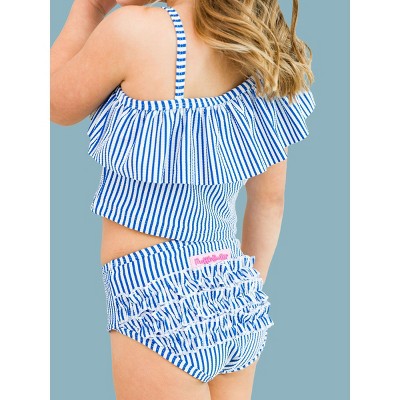 RuffleButts Girls UPF50+ Sun Protected Seersucker One Shoulder Ruffle Tankini 2-Piece Swimsuit - Blue Seersucker, 6 — фото 5