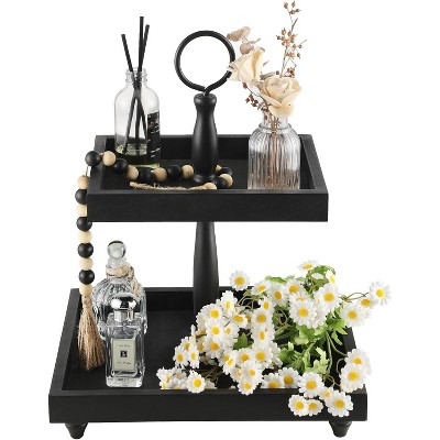 Attop Tiered Tray Stand, Rustic Wooden 2 Tier Decorative Tray with Bead Garland, Farmhouse Square Wood Serving Tray Counter Centerpiece (Black)