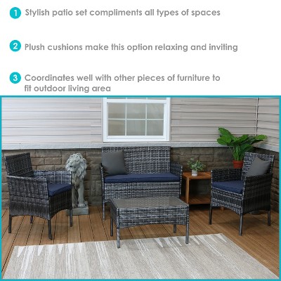 Gray Rattan 4-Piece Patio Set with Navy Cushions