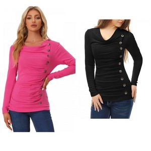 Allegra K Women's Cowl Neck Long Sleeves Buttons Decor Ruched Top 2 Pcs - 1 of 4