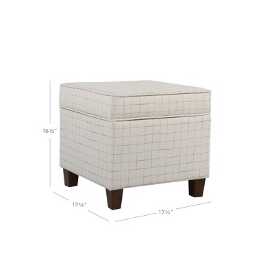 Grid-Patterned Beige and Brown Wooden Square Ottoman with Hidden Storage