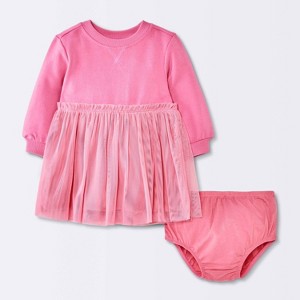 Baby Girls' Long Sleeve Modal Fleece Tulle Dress - Cloud Island™ Pink - 1 of 4