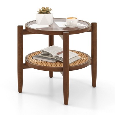 Tangkula 2-Tier Round Side End Table PE Rattan Sofa Nightstand Tempered Glass Tabletop