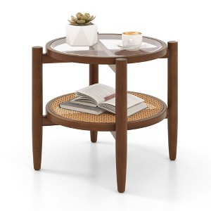 Tangkula 2-Tier Round Side End Table PE Rattan Sofa Nightstand Tempered Glass Tabletop - 1 of 4