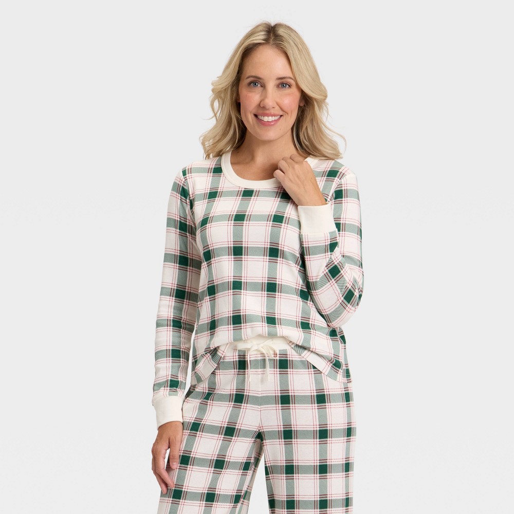 Women's Plaid Ribbed Long Sleeve Holiday Matching Family Pajama Shirt - Wondershop™ Cream XXL