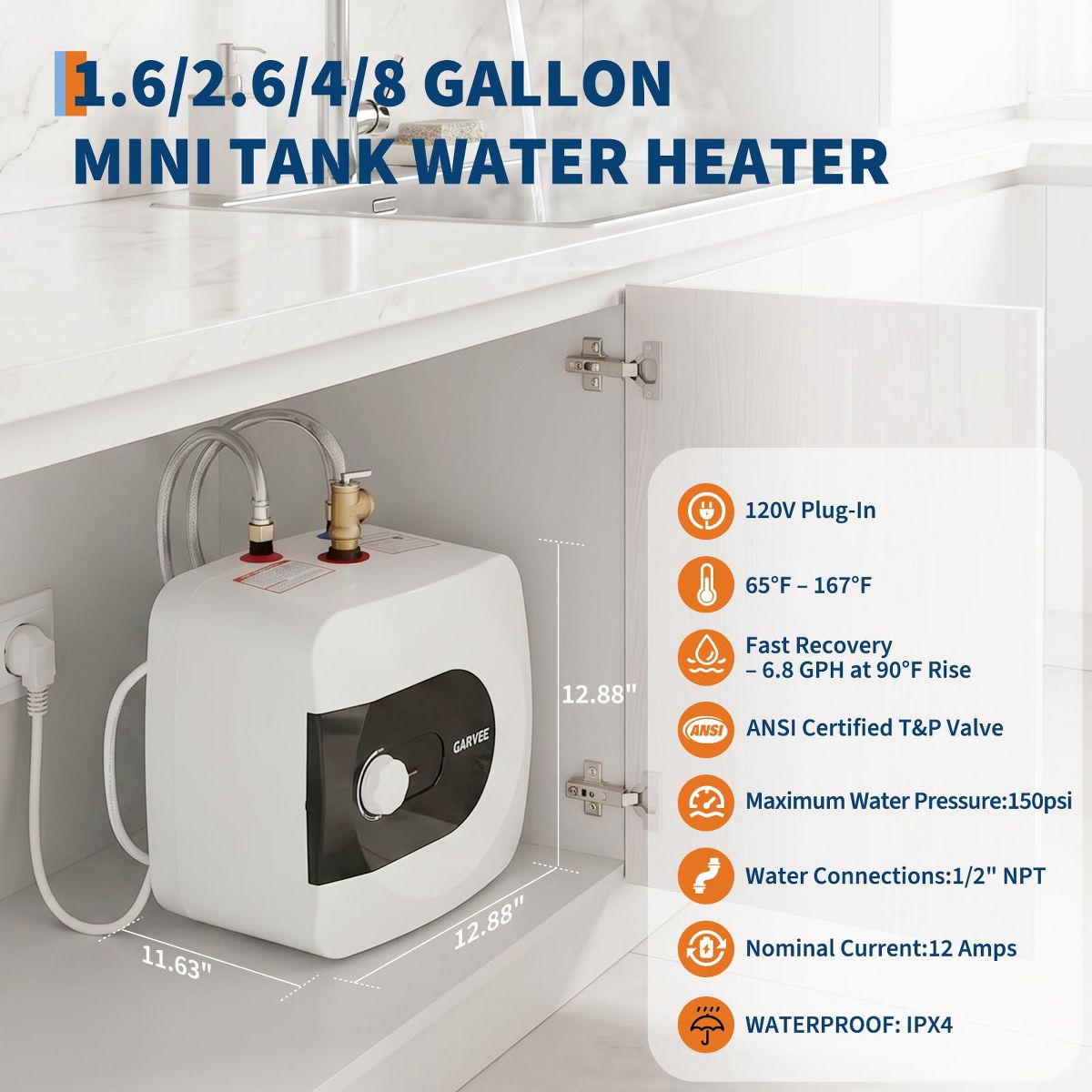 2.6 Gallon Mini Tank Water Heater Electric Under Sink Hot Water Heater Continuous Hot Water for Kitchen Bathroom RV & Small Home - thumbnail 9