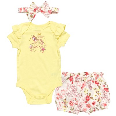 Disney Princess,The Little Mermaid Belle Baby Girls Bodysuit Shorts and Headband 3 Piece Outfit Set Newborn to Infant 
