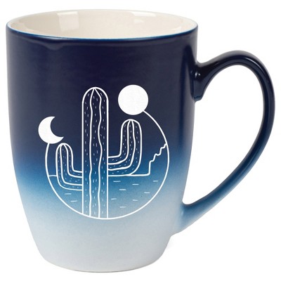 Elanze Designs 12 Ounce Ceramic Decorative Laser Engraved Giftable Novelty Tea Coffee Cup Mug Navy Blue and White Cactus Moon and Sun