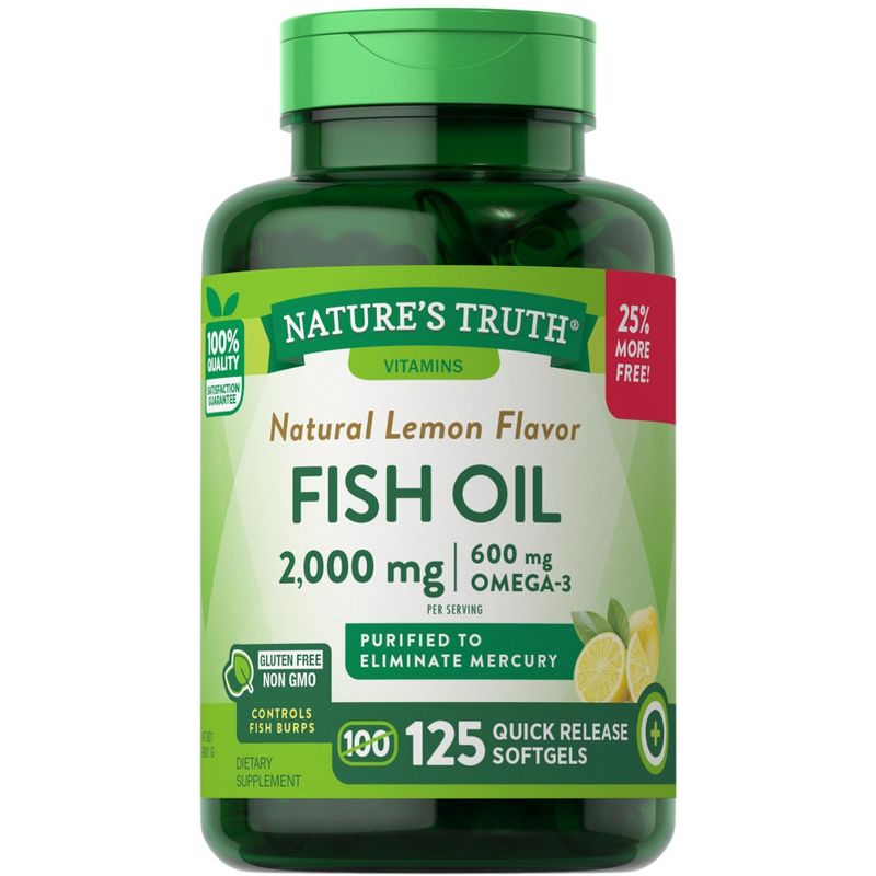 Nature's Truth Omega 3 Fish Oil 1000 mg | 125 Liquid Softgels | Burpless, Lemon Flavor Pills Supplement, 1 of 5