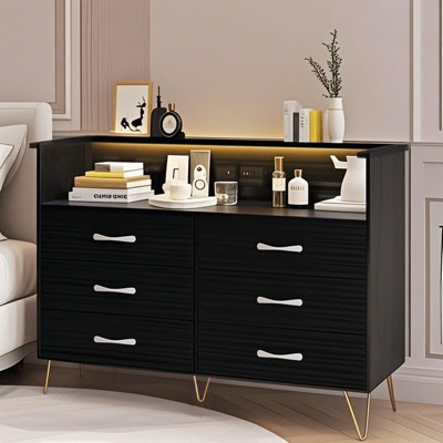 Dresser for Bedroom with LED Lights – 6 Drawer Dressers with Charging Station