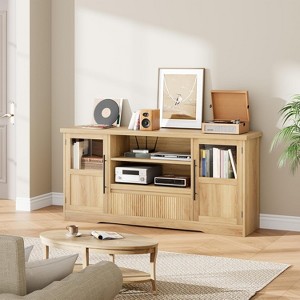 63 in Farmhouse TV Stand for TVs Up to 72 in, Wave Pattern Entertainment Center with 2 Glass Door Cabinets & 2 Open Shelves, for Living Room - 1 of 4