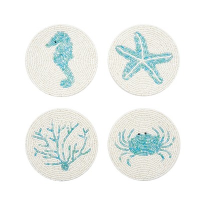 Beachcombers Decorative Beaded Coral Seahorse Starfish Crab Coasters, Set of 4
