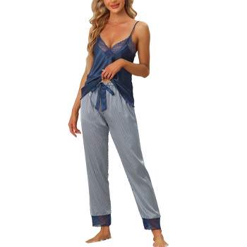 cheibear Womens Satin Lounge Stripe Lace Trim Cami Tops with Pants Sleepwear Pajamas Sets