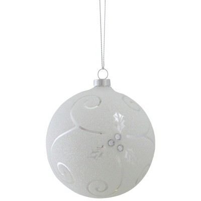 Melrose 3.75" Glittering Holly Leaf Swirl Ball Christmas Ornament - White/Shiny Silver