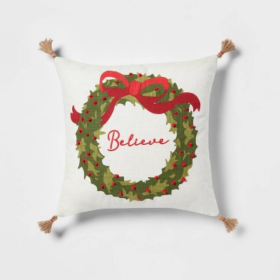 Believe' Wreath Square Christmas Throw Pillow with Tassels Ivory - Threshold™