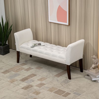 Elegant Cream White Linen Upholstered Bed End Bench with Tufted Design