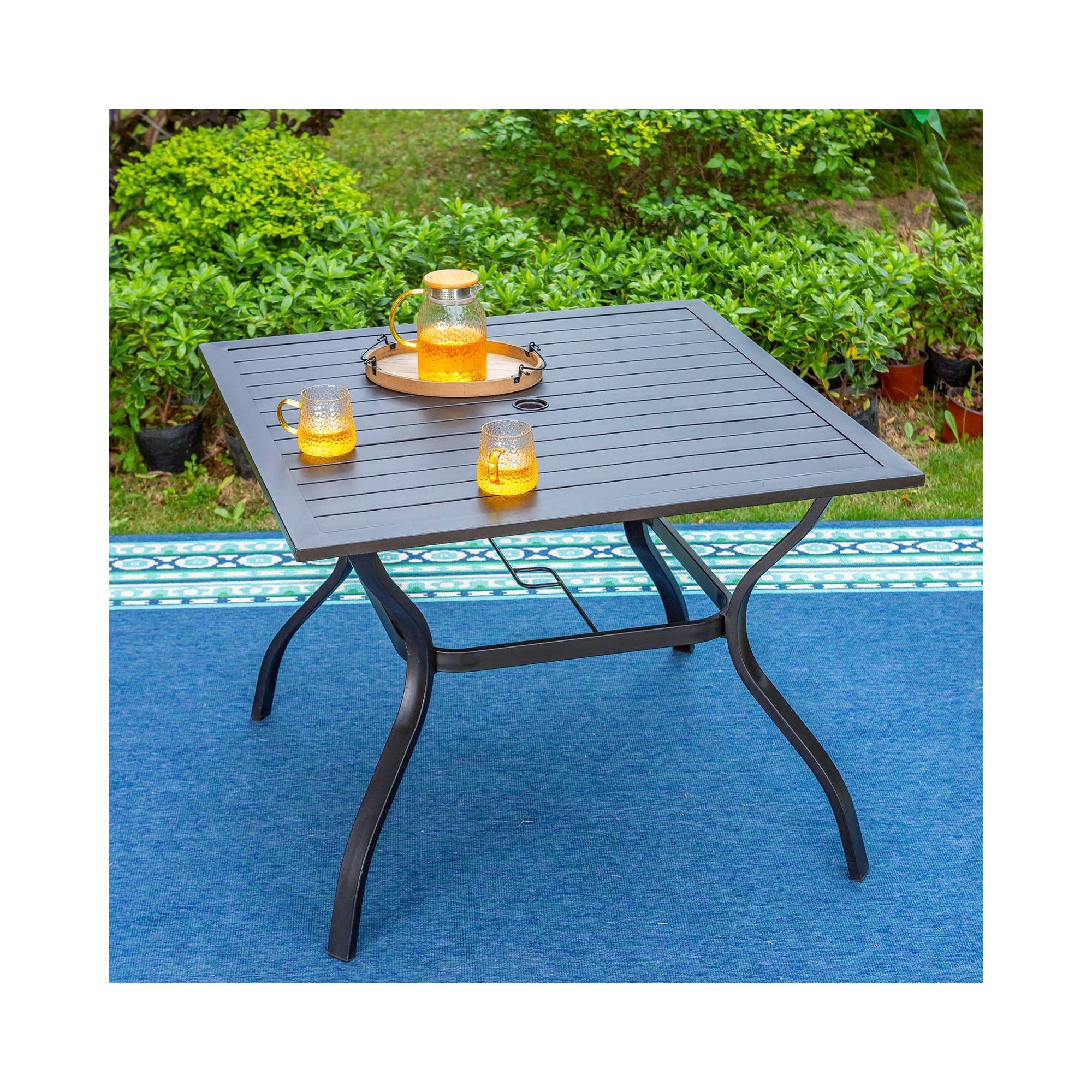 Outdoor Square Steel Dining Table - Black - Captiva Designs: Rust-Resistant, Water-Resistant, with Umbrella Hole
