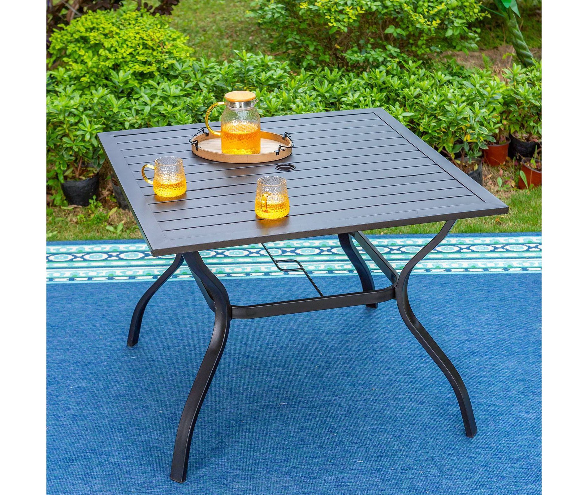 Outdoor Square Steel Dining Table - Black - Captiva Designs: Rust-Resistant, Water-Resistant, with Umbrella Hole