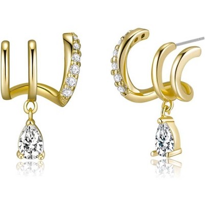 14K Gold Plated Triple Huggie Illusion Stud Earrings | Double Huggie Hoop Earrings for One Hole | Gold Hoop Earrings for Women