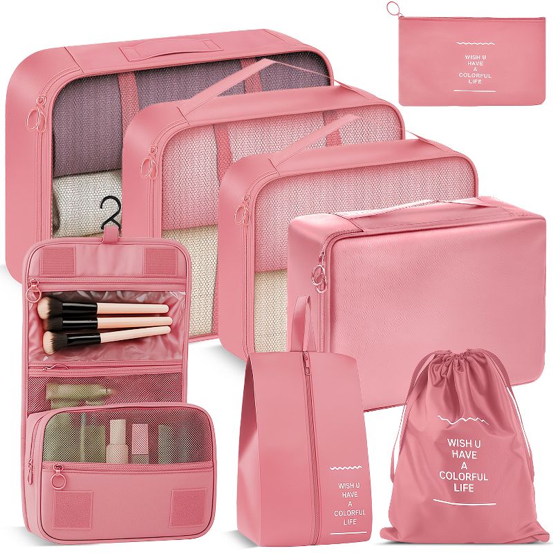 Fosmon 8pc Packing Cubes For Travel, Suitcase Luggage Organizer bags, Hanging Toiletries Travel Bag Makeup Organizer Travel Cubes Set, Pink