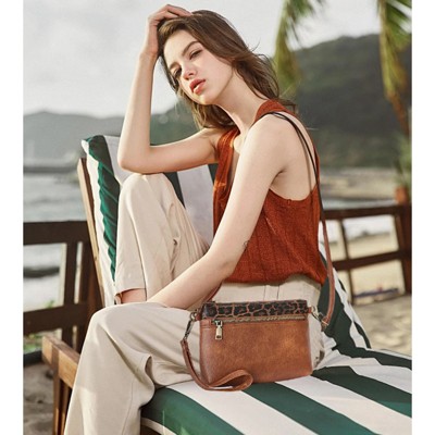 FATMOON Color Block Leopard Print Crossbody Bag  - Small Phone Purse with Modern Style Leather Carving and Wristlet Wallet