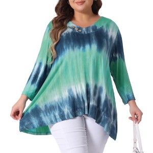 Agnes Orinda Women's Plus Size Tie Dye Printed Button Decor V Neck 3/4 Sleeve Flowy Casual T-Shirts - 1 of 4