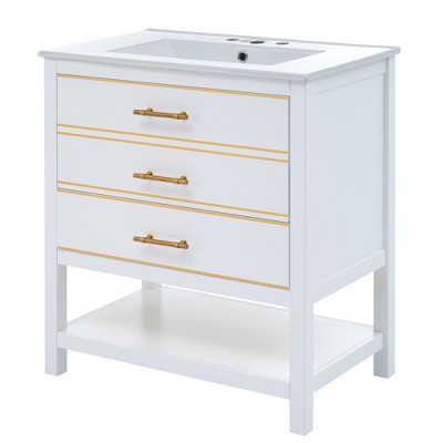 Vynxaria Modern 30inch Navy Blue/White Bathroom Vanity Cabinet Combo with Open Storge, Two Drawers,White