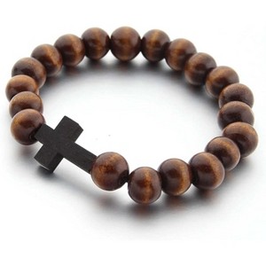 Fashion Religious 10MM Wooden Beads Cross Bracelet Handmade Catholic Jewelry - 1 of 4