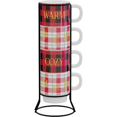 American Atelier Christmas Ceramic Mug & Rack Set - 4 Cups & Standing Metal Rack for Kitchen Countertop, Tabletop, or Café Display, 14 oz, Warm Cozy