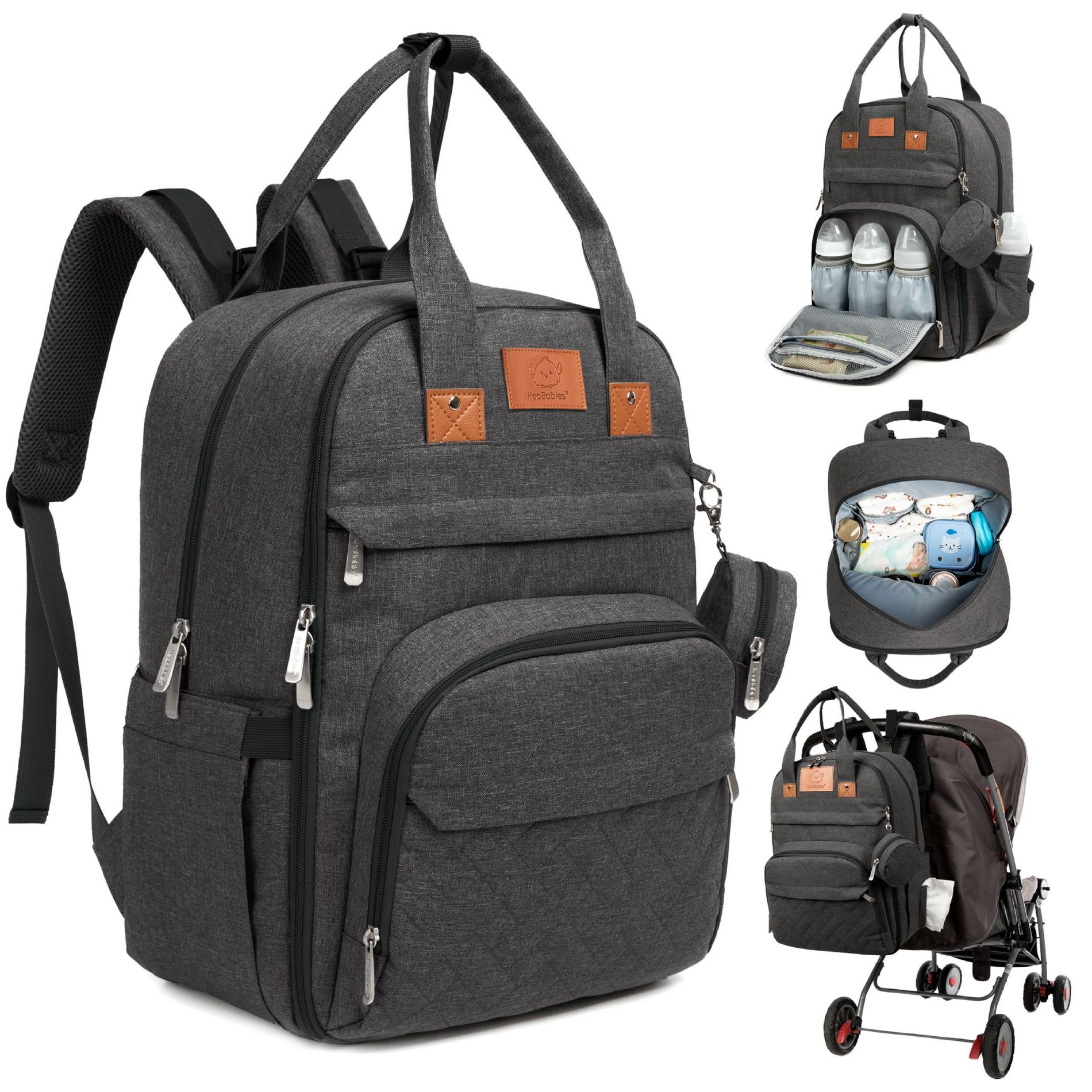 KeaBabies Diaper Bag with Changing Pad - Waterproof Baby Bag, Travel Diaper Bags, Baby Diaper Bag Backpack (Charcoal)