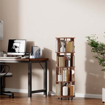 YONWAY 4 Tier Solid Wood Rotating Bookshelf on Wheels, Round Revolving Storage Shelf, 360° Spinning Book Shelf Tower for Corner, Small Spaces, Office