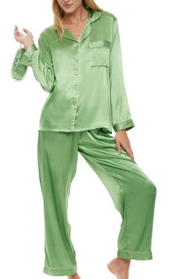 ADR Women's Satin Pajamas Set, Button Down Long Sleeve Top and Pants with Pockets, Silk like PJs with Matching Sleep Mask