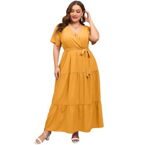 BLUEMING Summer Maxi Dress for Plus Size Women Tie Wasit Surplice Dress Flutter Sleeve A-Line Dress - 1 of 4
