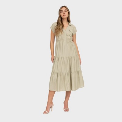 August Sky Women's Collared V-Neck Flap Pockets Tiered Midi Dress