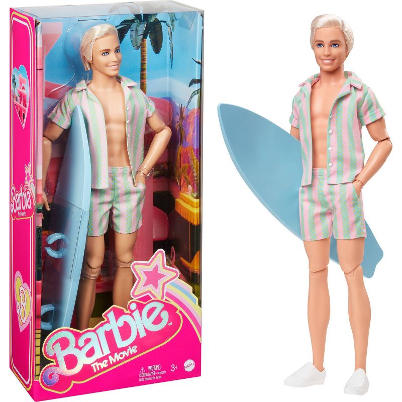 Barbie: The Movie Ken Doll Wearing Pastel Striped Beach Matching Set, 1 of 14