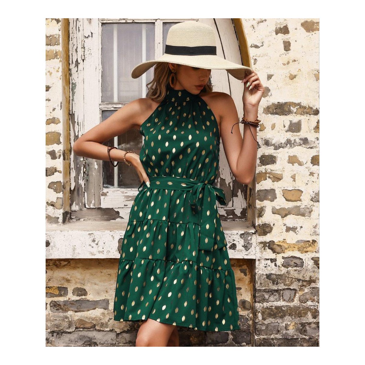 Женские платья Garvee Women's Summer Dress Halter Neck Polka Dot Midi Dresses with Waist Tie,L,Green — фото 4