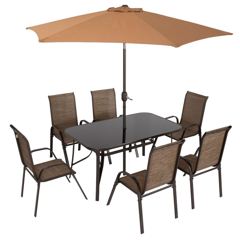 Outsunny 8 Piece Patio Furniture Set with Umbrella, Outdoor Dining Table and Chairs, 6 Chairs, Push Button Tilt and Crank Parasol, Glass Top, Brown, 4 of 7