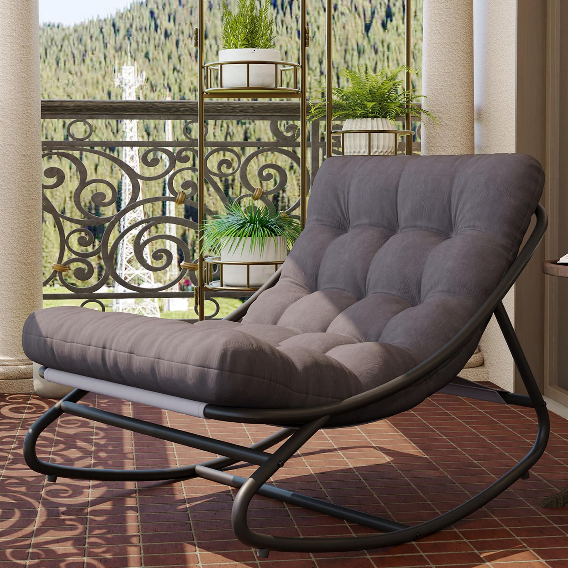 Rocking Chair with Thick Cushion, Outdoor Rocking Chair with Metal Frame, Adjustable Swing Range and Fixed Rope, Waterproof Cushion for Patio, Gray