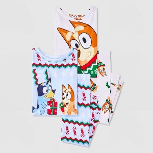 Toddlers' 4pc Bluey Cotton Long Sleeve Christmas Pajama Set - Cream/Blue - 1 of 4