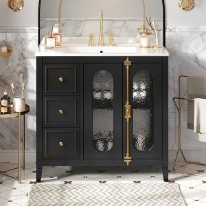 Kumasinova 36" Bathroom Vanity with Ceramic Sink,Translucent Glass Doors,Modern Bathroom Storage Cabinet with 3 Drawers & Solid Wood Frame - 1 of 4