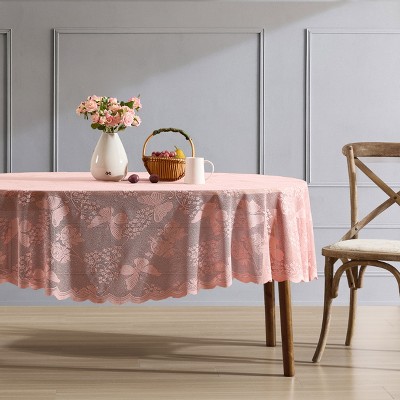 HLC.ME Butterfly Floral Patterned Scalloped, Wrinkle Resistant, Lace Fabric Table Cloth for Round and Rectangle Tables