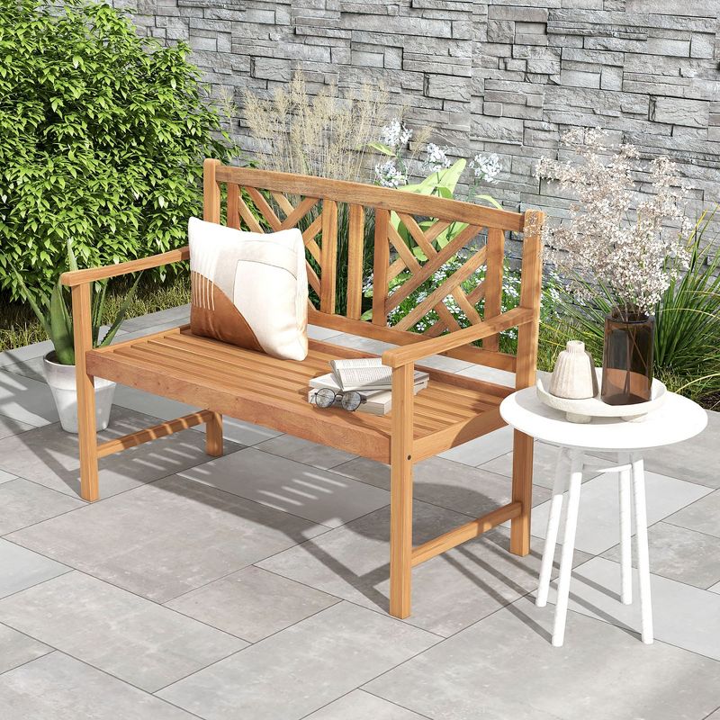 Costway Patio Acacia Wood 2-Person Slatted Bench Outdoor Loveseat Chair Garden Natural, 4 of 10
