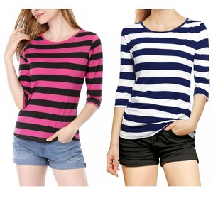Allegra K Women's Elbow Sleeves Round Neck Slim Fit T-Shirt 2 Packs - 1 of 4