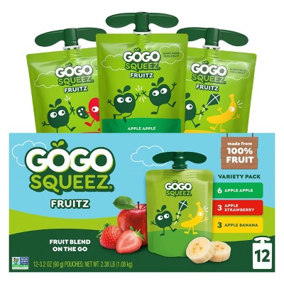 GoGo squeeZ Applesauce and Fruit Puree Variety Pack, Apple, Banana & Strawberry - 3.2oz/12ct