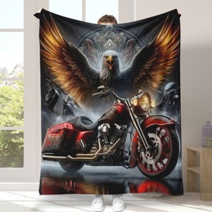 Motorcycle Eagle Print Flannel Throw Blanket ¨C Soft, Cozy, and Vibrant with Black Background and Red Motorcycle Design. - 1 of 4