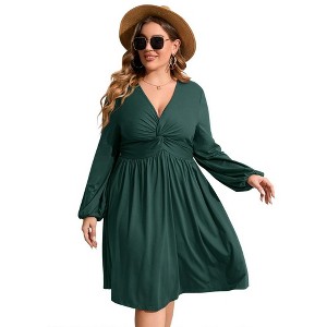 WhizMax Women's Plus Size Dress V Neck Long Sleeve Front Knotted Elastic Elegant Dress A Line Knee Length Midi Dress - 1 of 4