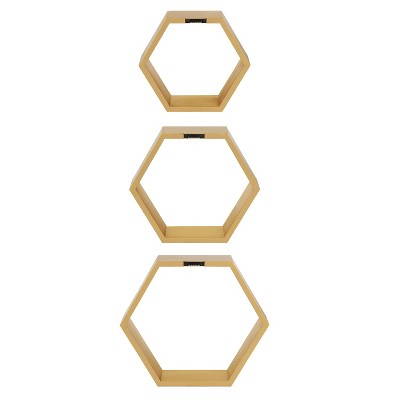 Gold Hexagon Floating Wood Wall Shelf Set