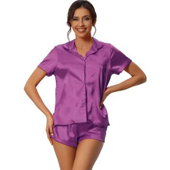 cheibear Women's Satin Button Short Sleeve Shirt and Shorts 2 Pcs Pajama Set